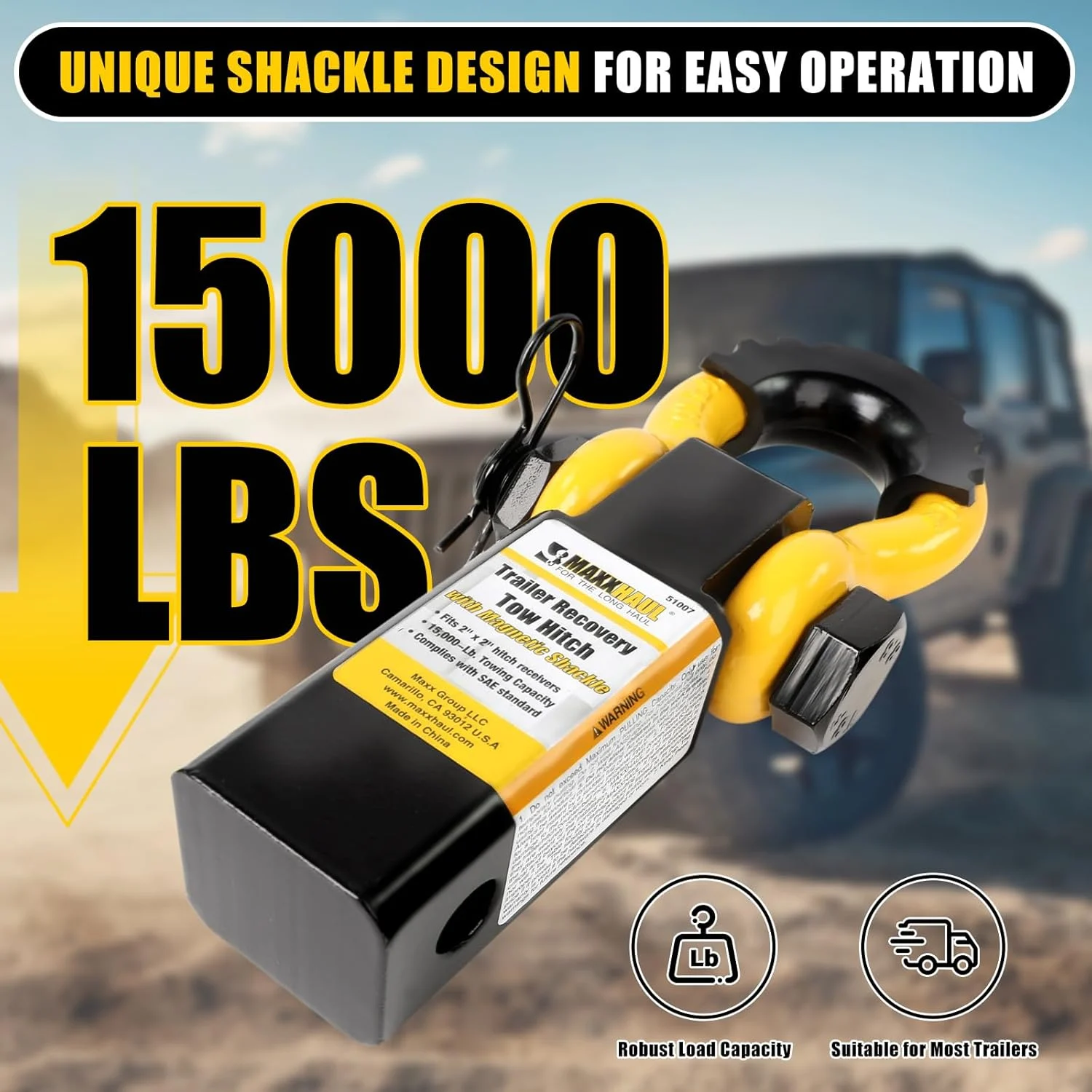 MaxxHaul 51007 15,000 lb Capacity Hitch Mount Trailer Recovery Shackle Tow Hitch - Image 3